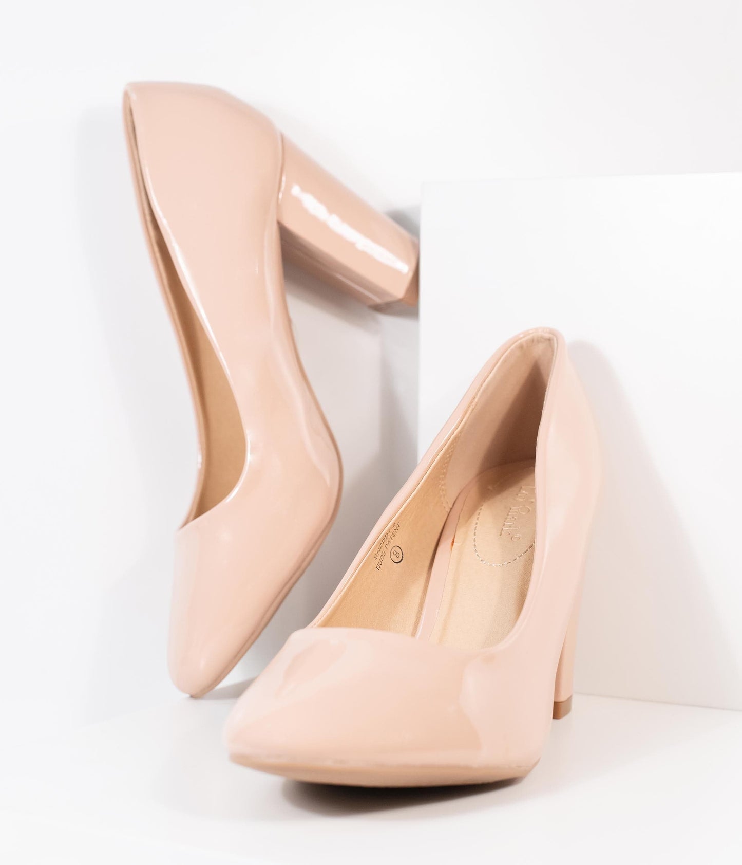 Blush Pink Patent Leatherette Block Heel Pumps - Unique Vintage - Womens, SHOES, HEELS