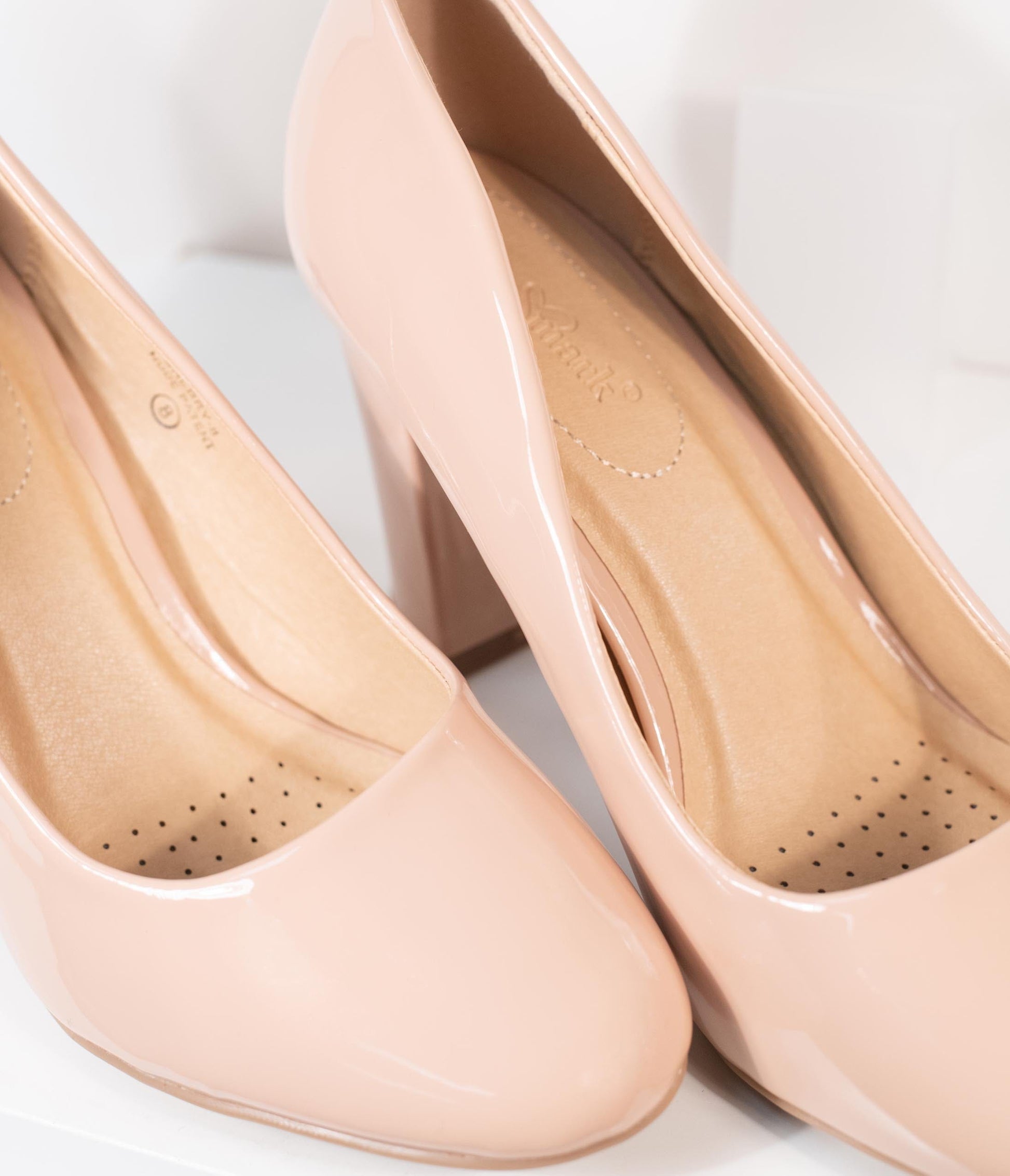 Blush Pink Patent Leatherette Block Heel Pumps - Unique Vintage - Womens, SHOES, HEELS