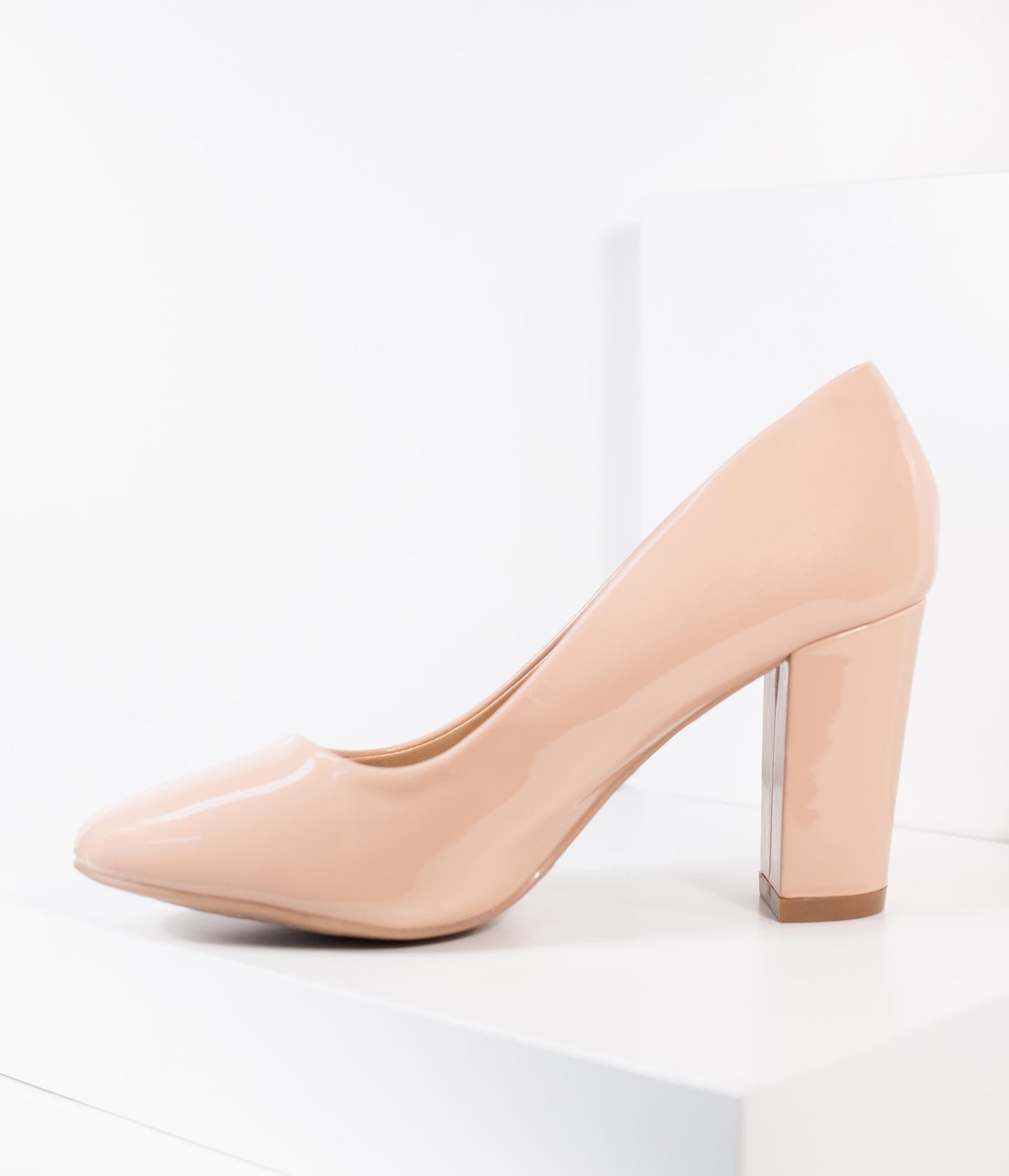 Blush Pink Patent Leatherette Block Heel Pumps - Unique Vintage - Womens, SHOES, HEELS