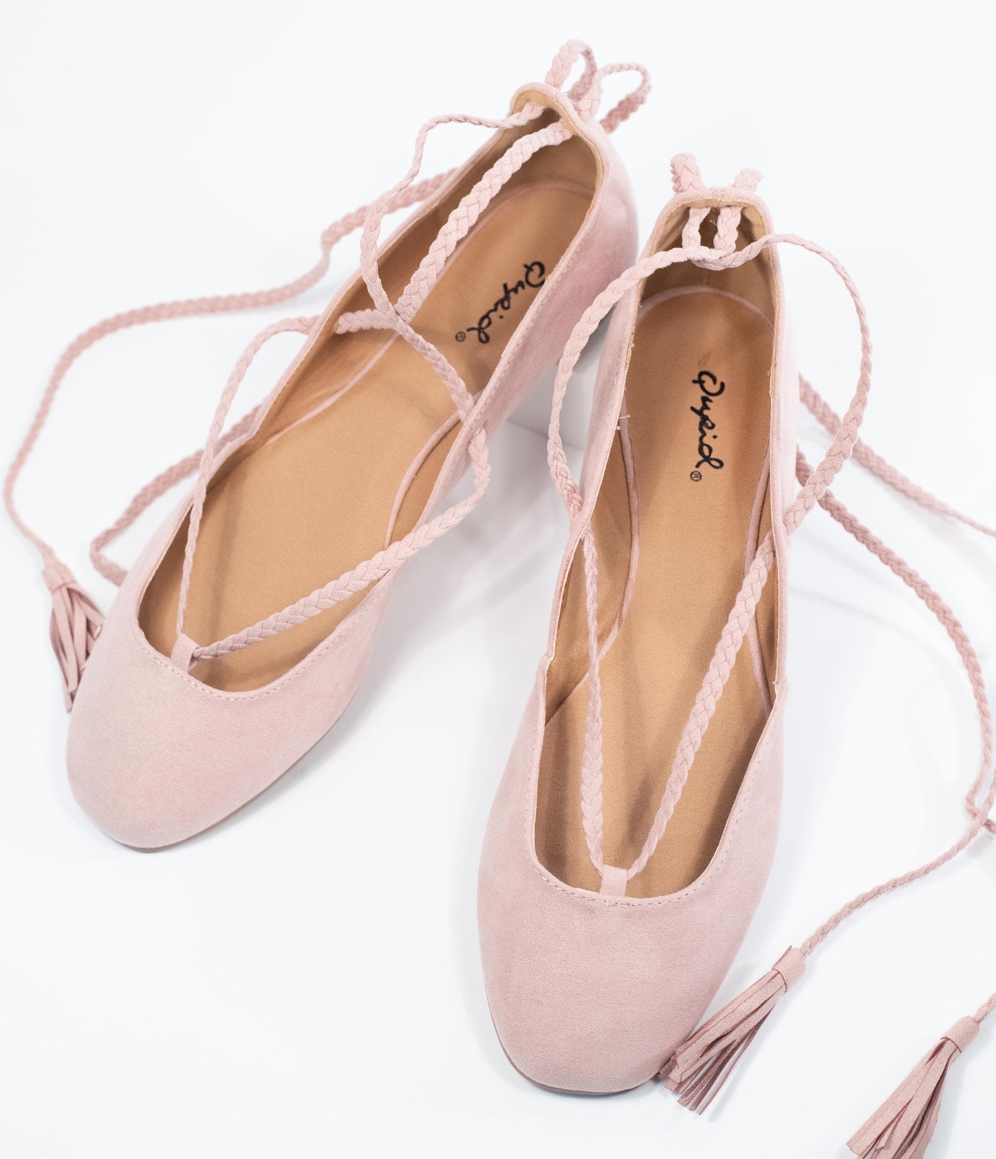 Blush Pink Suede Lace Up Flats - Unique Vintage - Womens, SHOES, FLATS