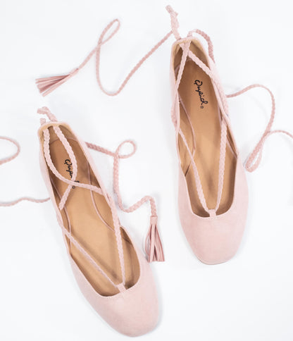 Blush Pink Suede Lace Up Flats - Unique Vintage - Womens, SHOES, FLATS