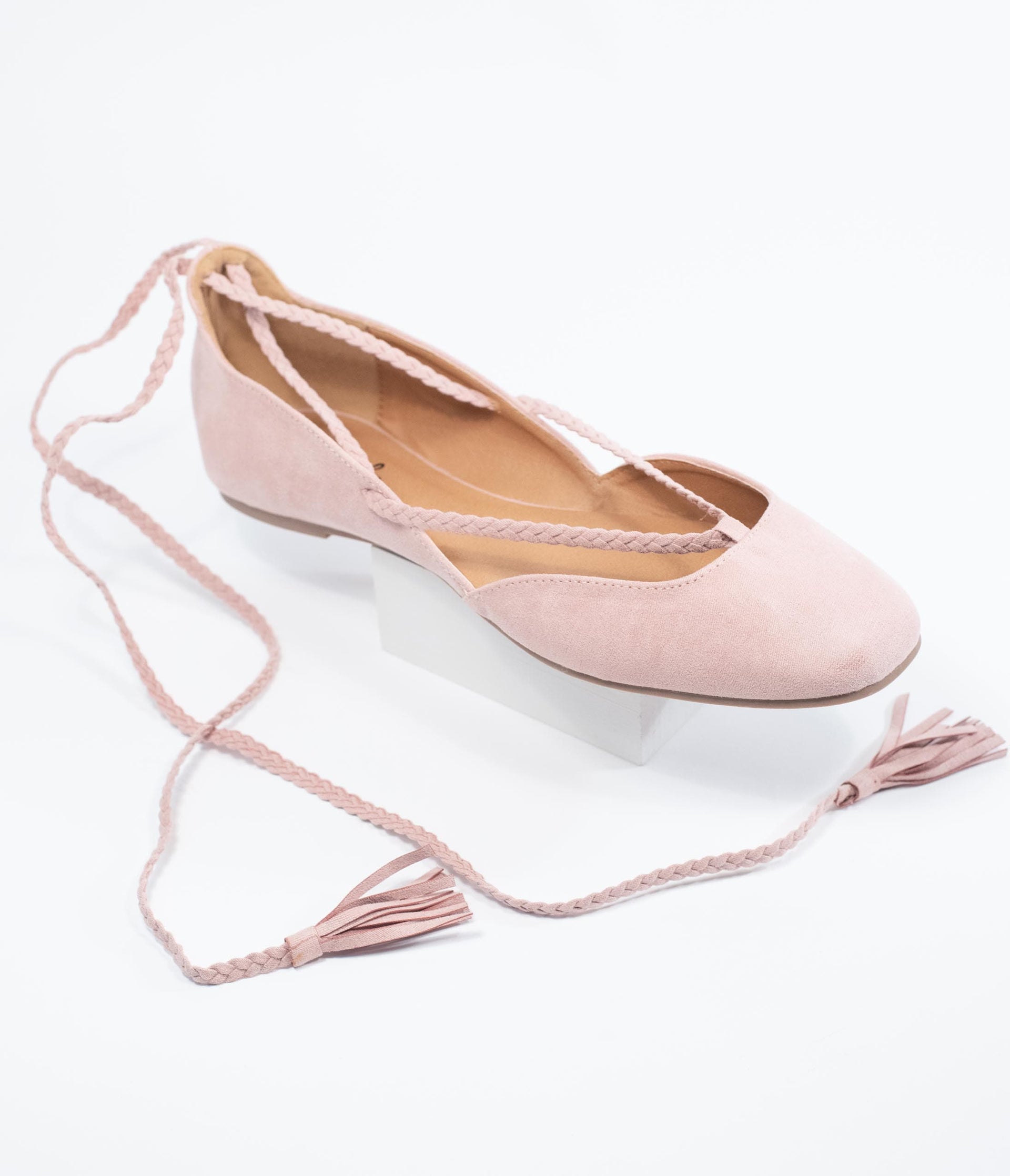 Blush Pink Suede Lace Up Flats - Unique Vintage - Womens, SHOES, FLATS