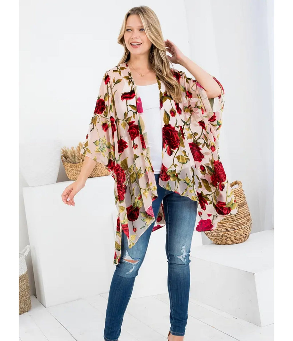 Blush Rose Print Kimono - Unique Vintage - Womens, ACCESSORIES, SLIPS