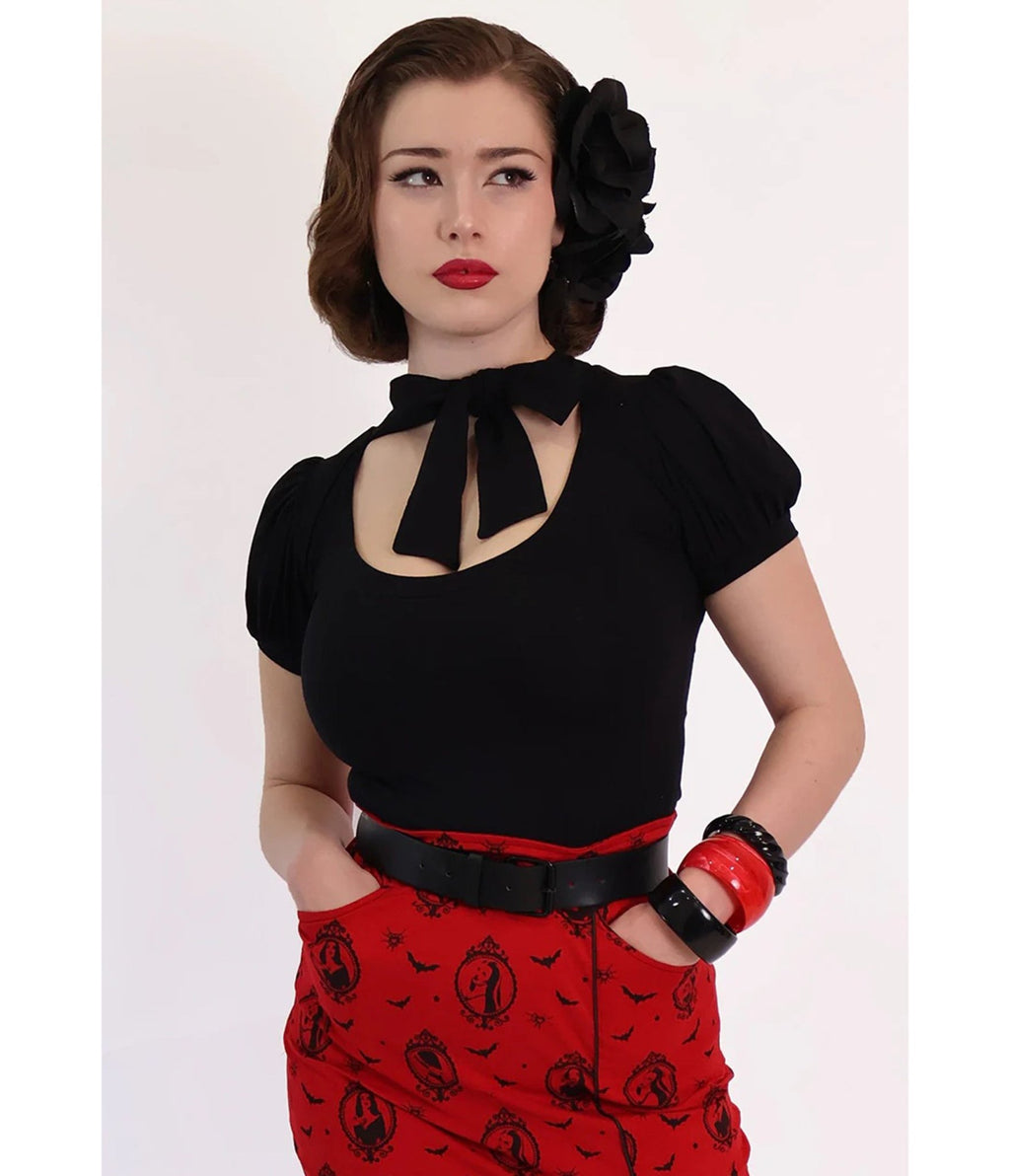 Bonsai Kitten Black Collar Bow Top - Unique Vintage - Womens, TOPS, WOVEN TOPS