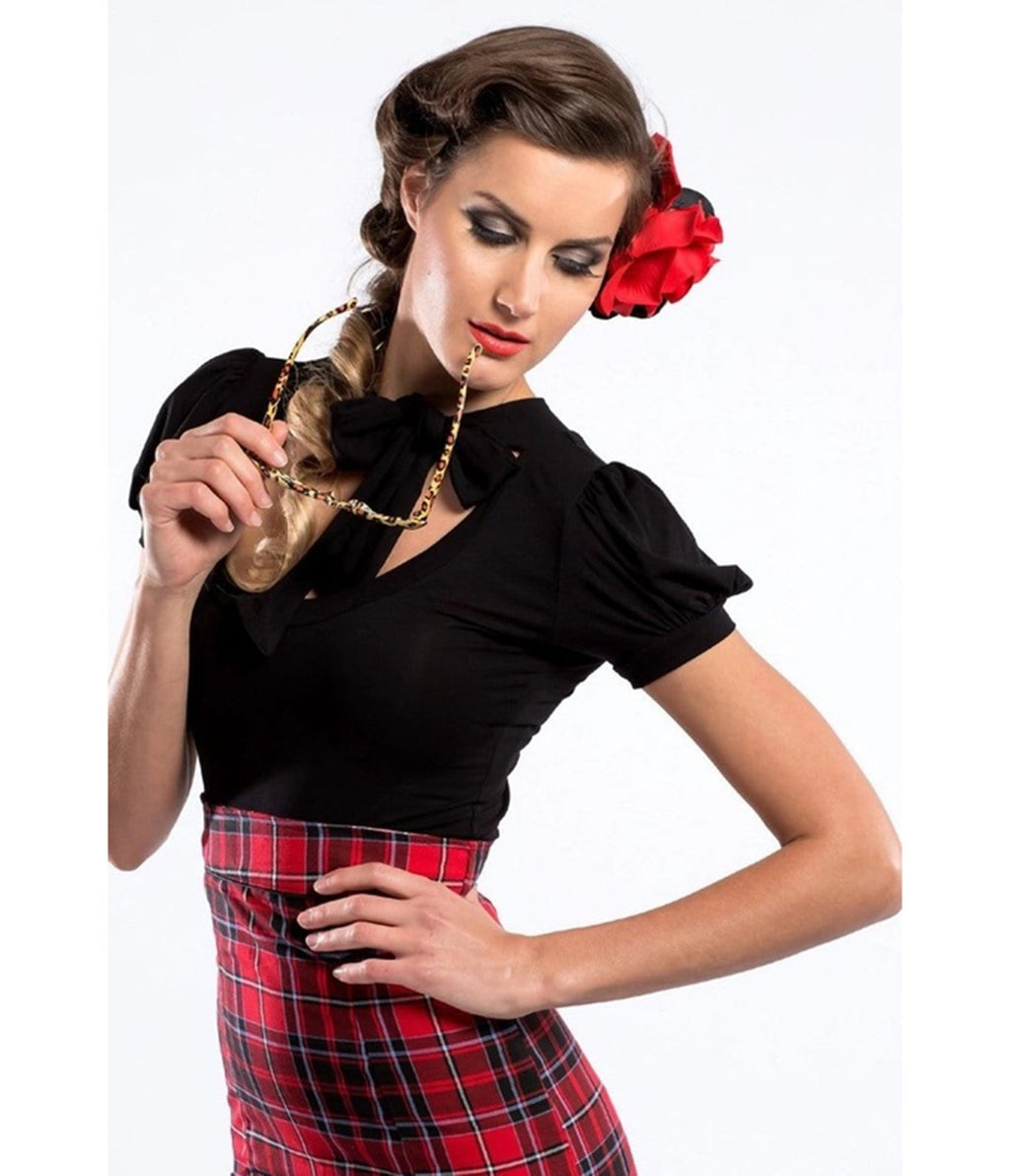 Bonsai Kitten Black Collar Bow Top - Unique Vintage - Womens, TOPS, WOVEN TOPS