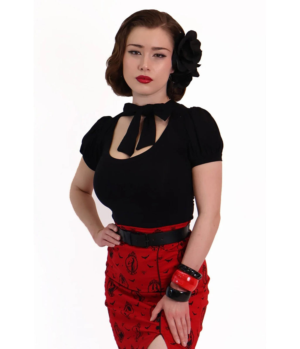 Bonsai Kitten Black Collar Bow Top - Unique Vintage - Womens, TOPS, WOVEN TOPS
