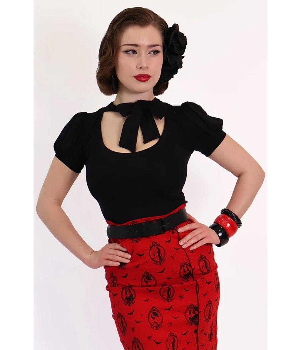 Bonsai Kitten Black Collar Bow Top - Unique Vintage - Womens, TOPS, WOVEN TOPS