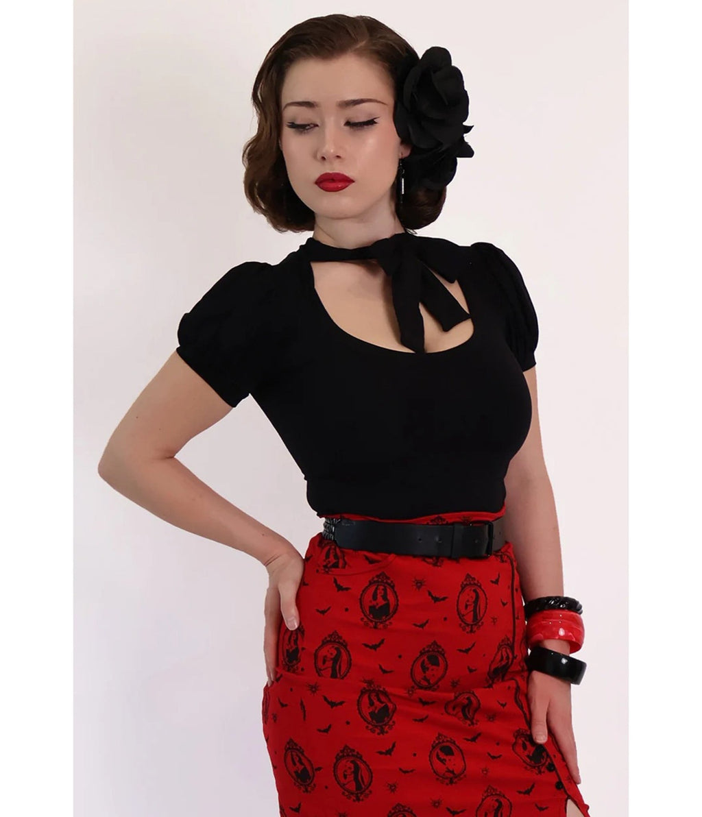 Bonsai Kitten Black Collar Bow Top - Unique Vintage - Womens, TOPS, WOVEN TOPS