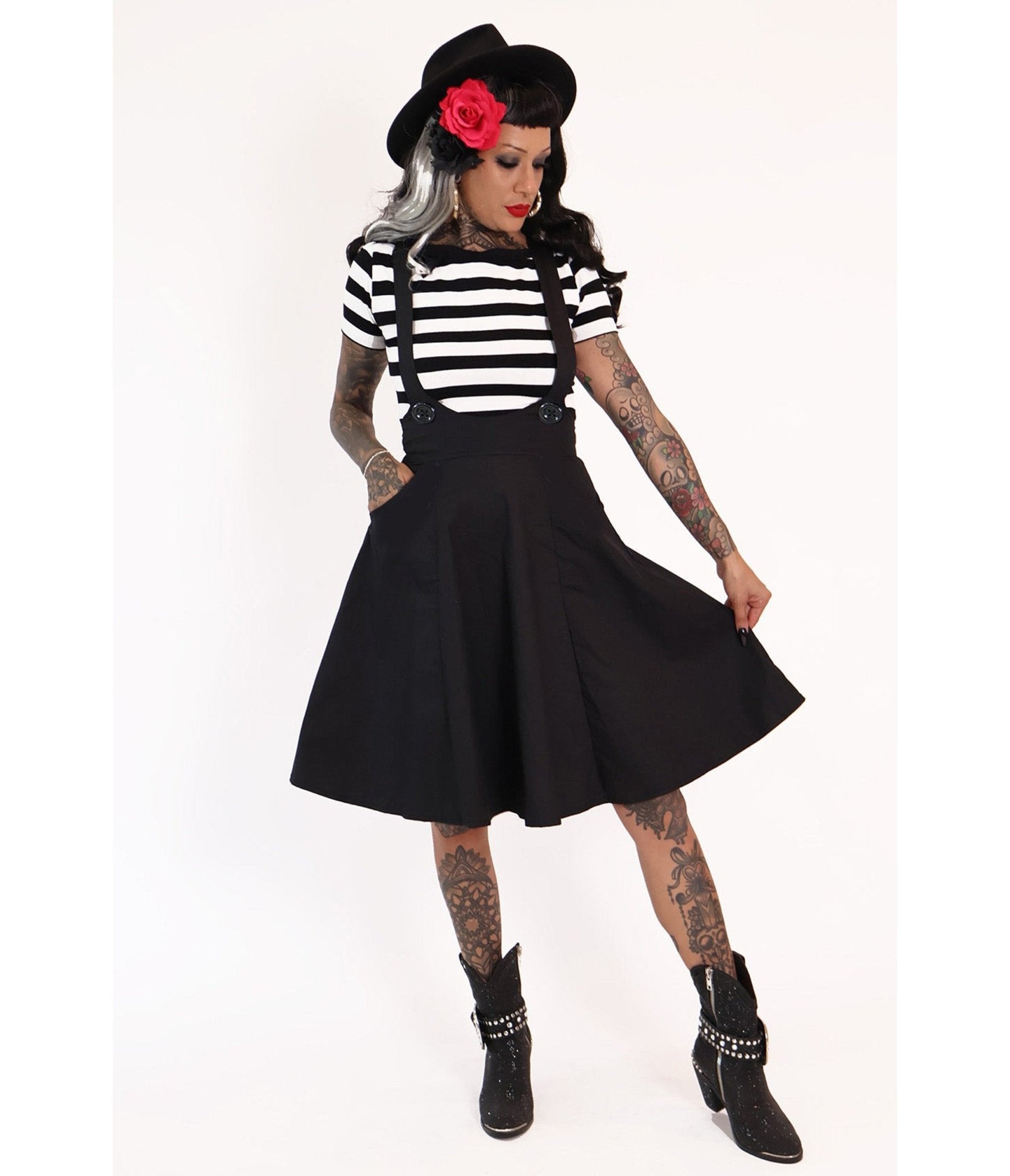Bonsai Kitten Black Dolly Long Pinafore - Unique Vintage - Womens, BOTTOMS, SKIRTS