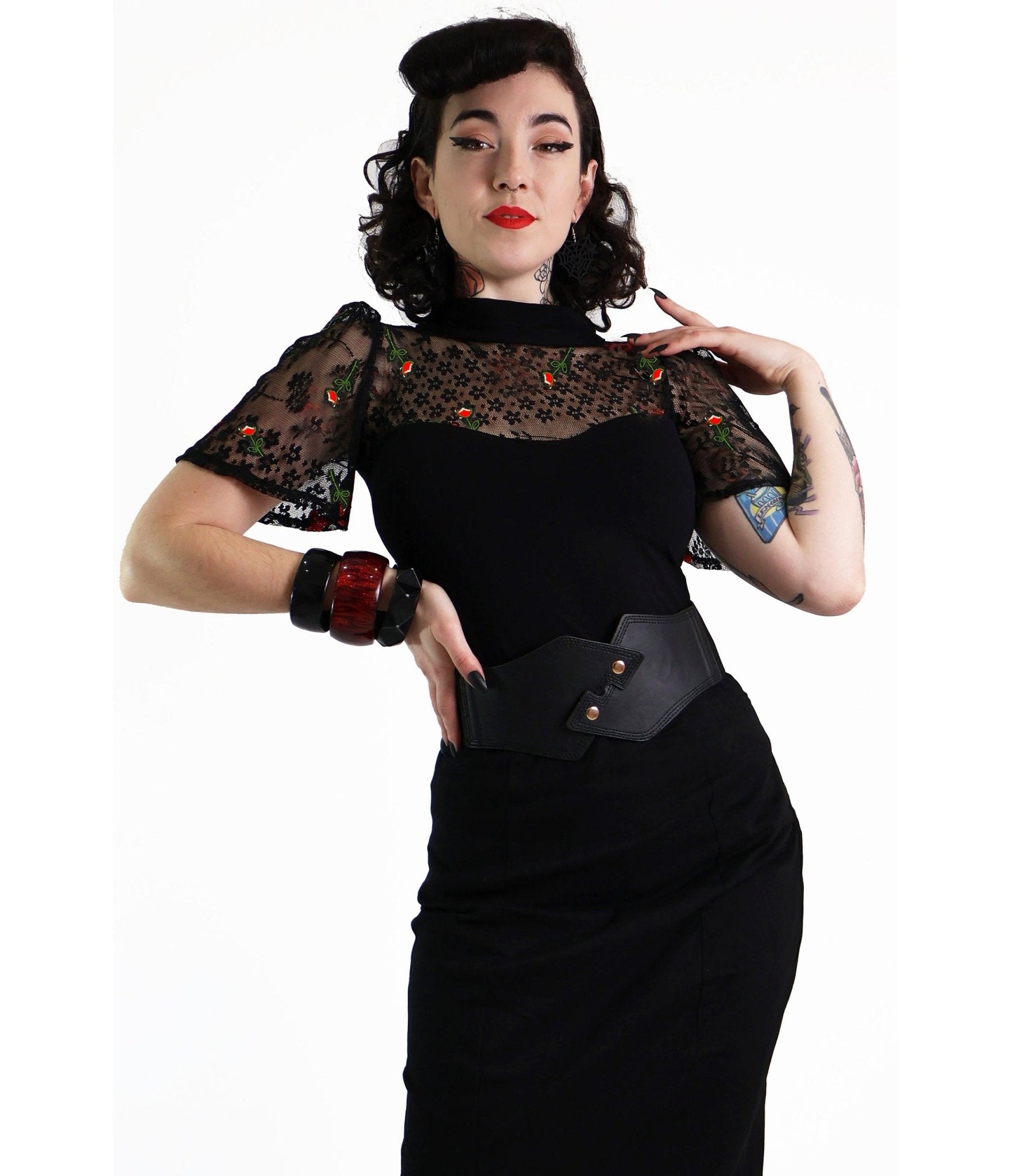 Bonsai Kitten Black Rose Lace Short Sleeve Top - Unique Vintage - Womens, TOPS, WOVEN TOPS