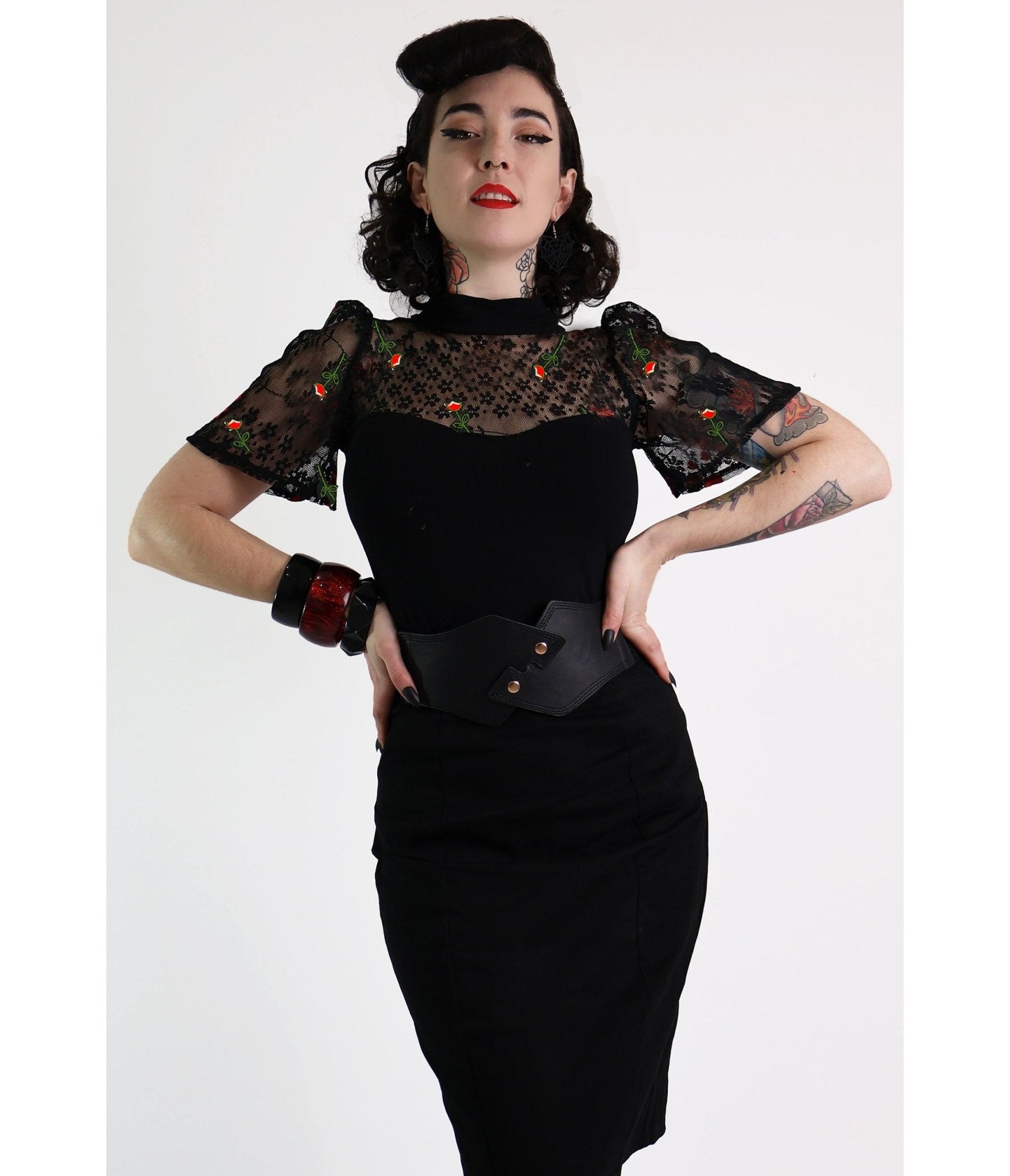 Bonsai Kitten Black Rose Lace Short Sleeve Top - Unique Vintage - Womens, TOPS, WOVEN TOPS