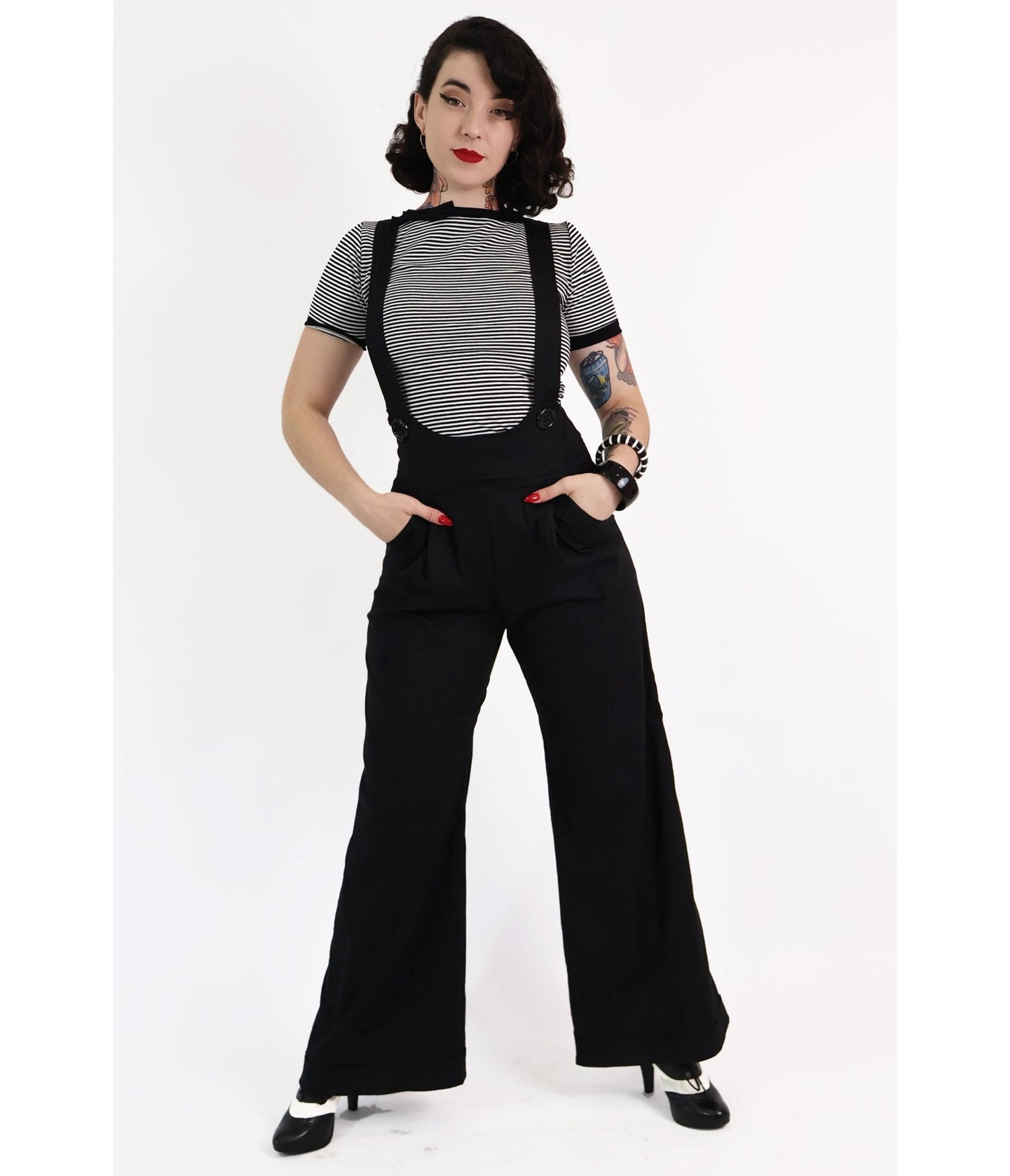 Bonsai Kitten Black Suspender Swing Pants - Unique Vintage - Womens, BOTTOMS, PANTS