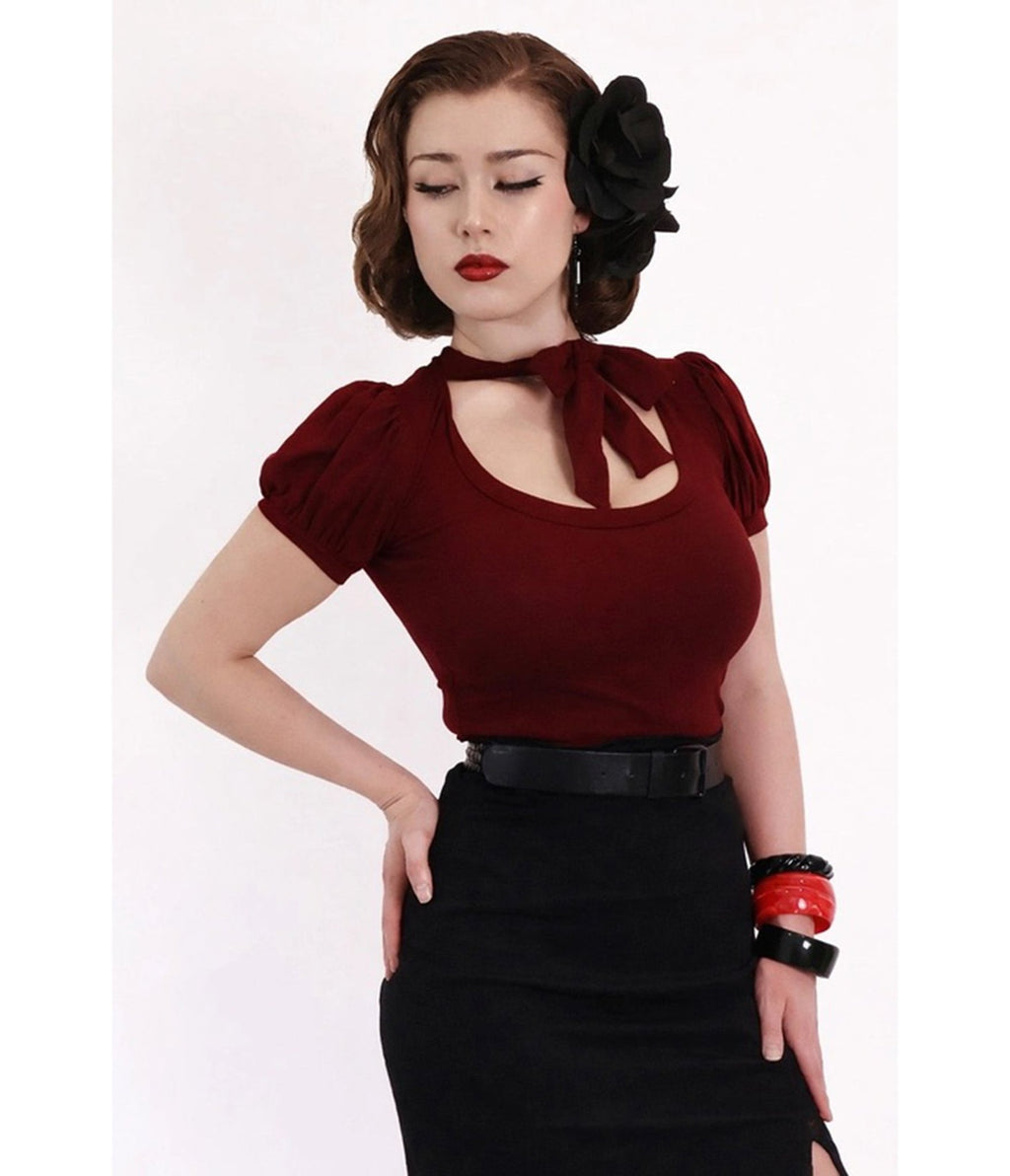Bonsai Kitten Burgundy Collar Bow Top - Unique Vintage - Womens, TOPS, WOVEN TOPS