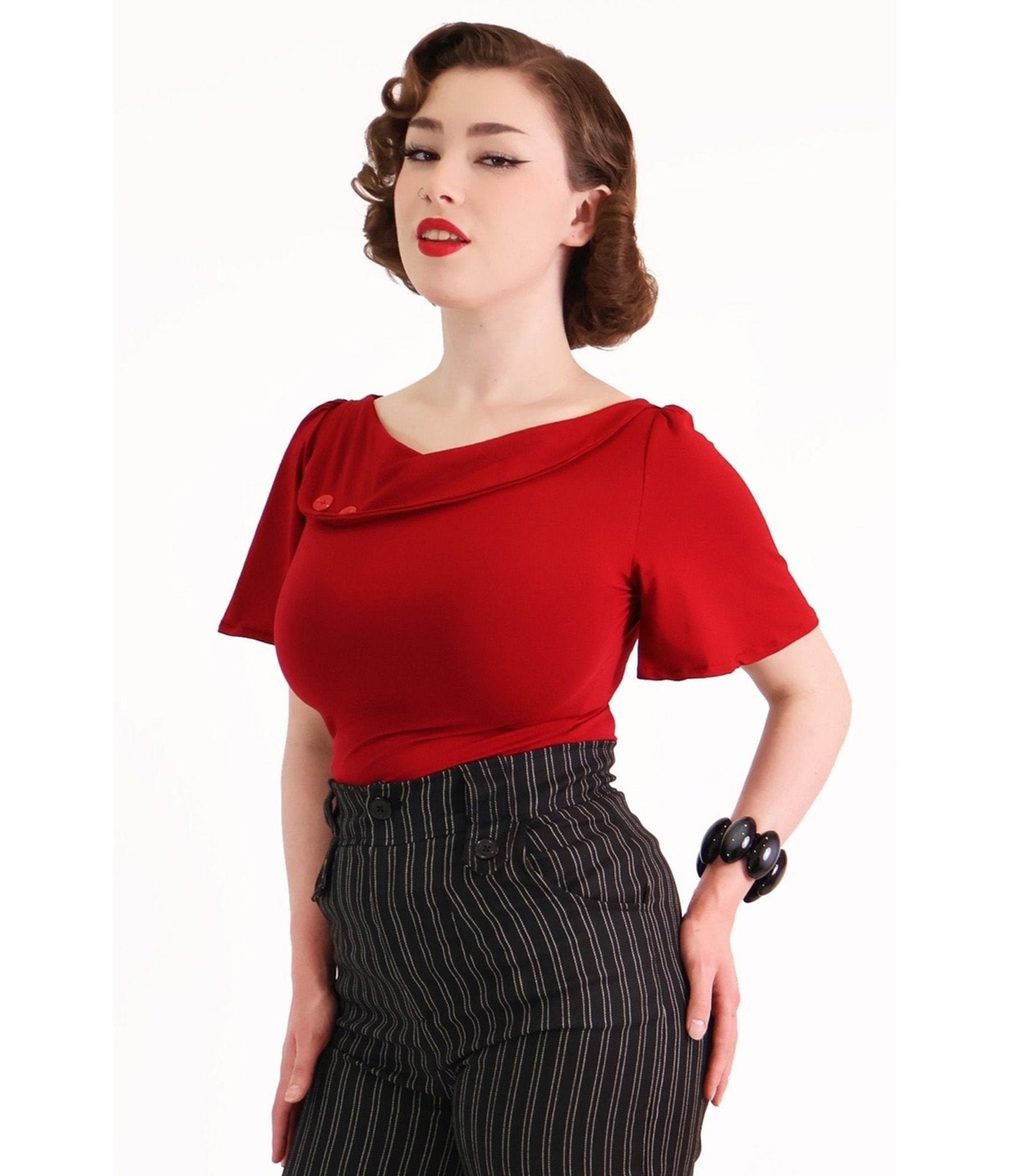 Bonsai Kitten Dark Red Sass Circle Sleeve Top - Unique Vintage - Womens, TOPS, WOVEN TOPS