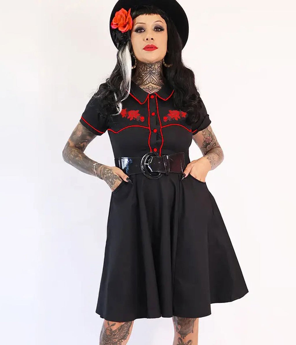 Bonsai Kitten Gothic Black & Red Western Swing Dress - Unique Vintage - Womens, DRESSES, FIT AND FLARE