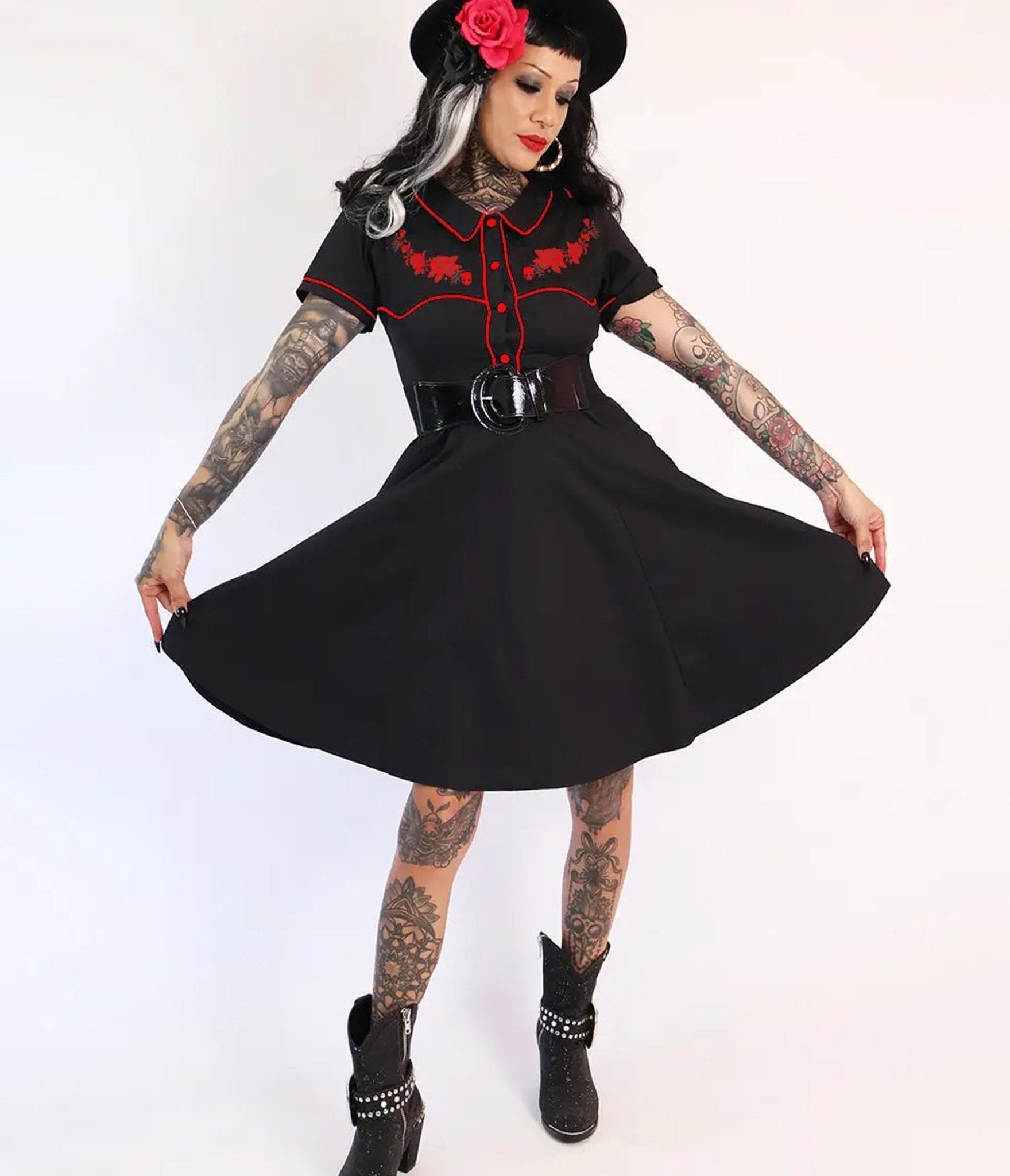 Bonsai Kitten Gothic Black & Red Western Swing Dress - Unique Vintage - Womens, DRESSES, FIT AND FLARE