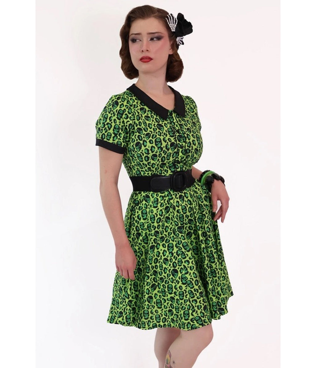 Bonsai Kitten Green Franken-Leopard Print Swing Dress - Unique Vintage - Womens, DRESSES, SWING