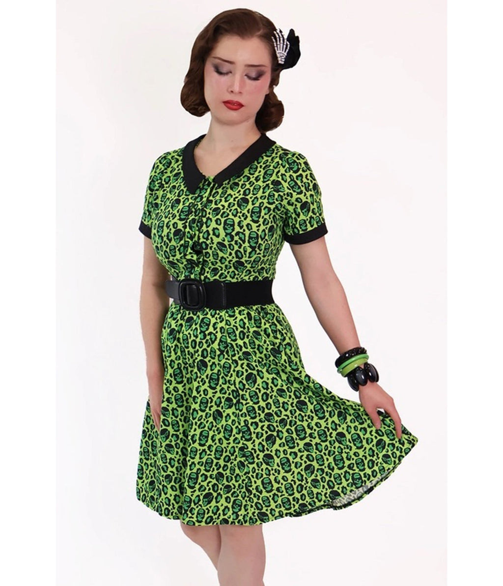 Bonsai Kitten Green Franken-Leopard Print Swing Dress - Unique Vintage - Womens, DRESSES, SWING