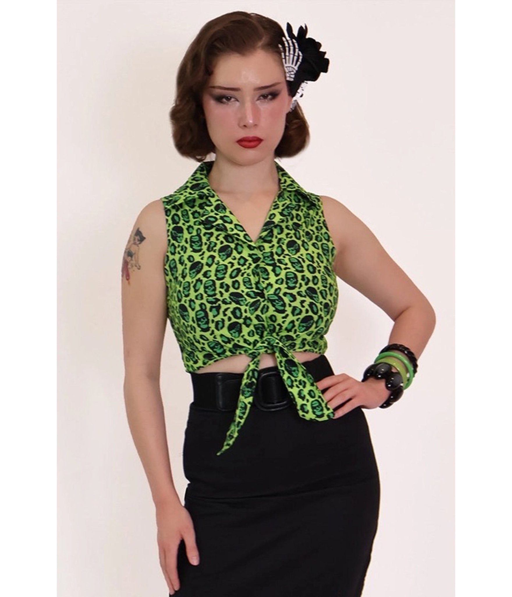 Bonsai Kitten Green Franken-Leopard Print Tie Crop Top - Unique Vintage - Womens, TOPS, WOVEN TOPS