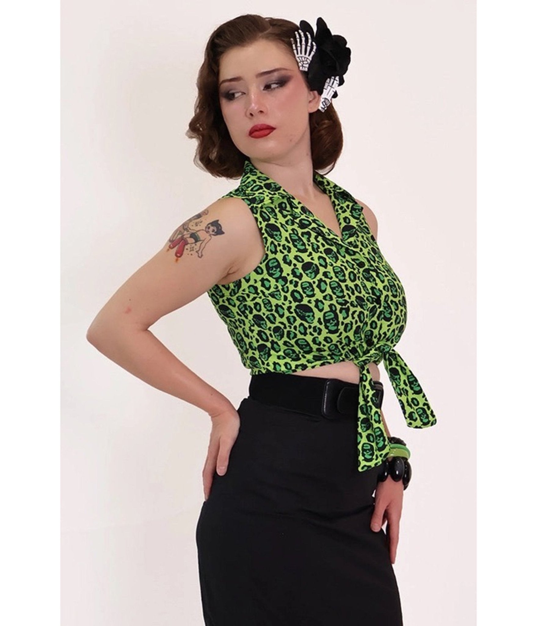 Bonsai Kitten Green Franken-Leopard Print Tie Crop Top - Unique Vintage - Womens, TOPS, WOVEN TOPS
