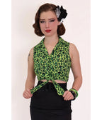Bonsai Kitten Green Franken-Leopard Print Tie Crop Top - Unique Vintage - Womens, TOPS, WOVEN TOPS