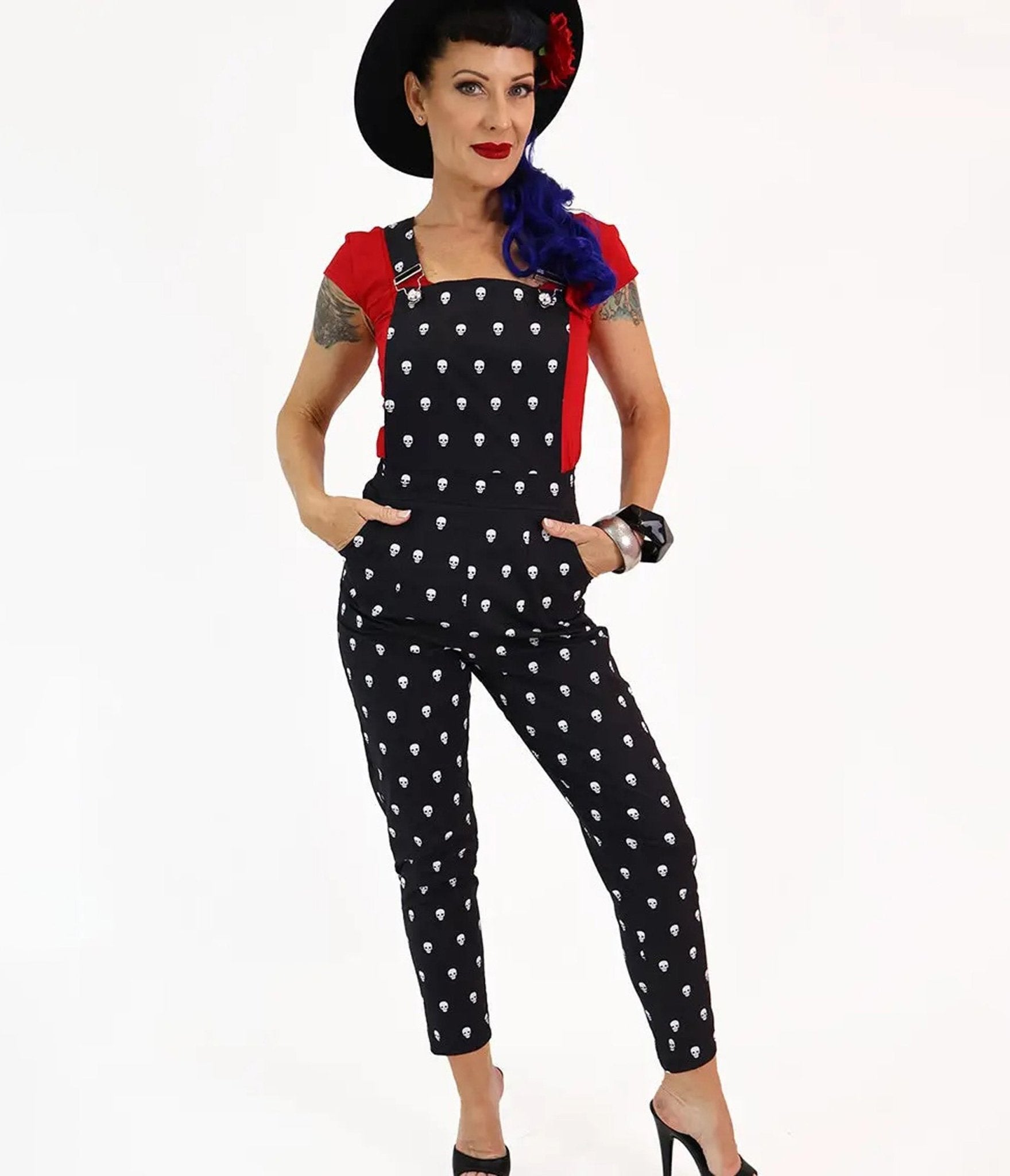 Bonsai Kitten Haunted Skull Print Black Overalls - Unique Vintage - Womens, BOTTOMS, ROMPERS AND JUMPSUITS