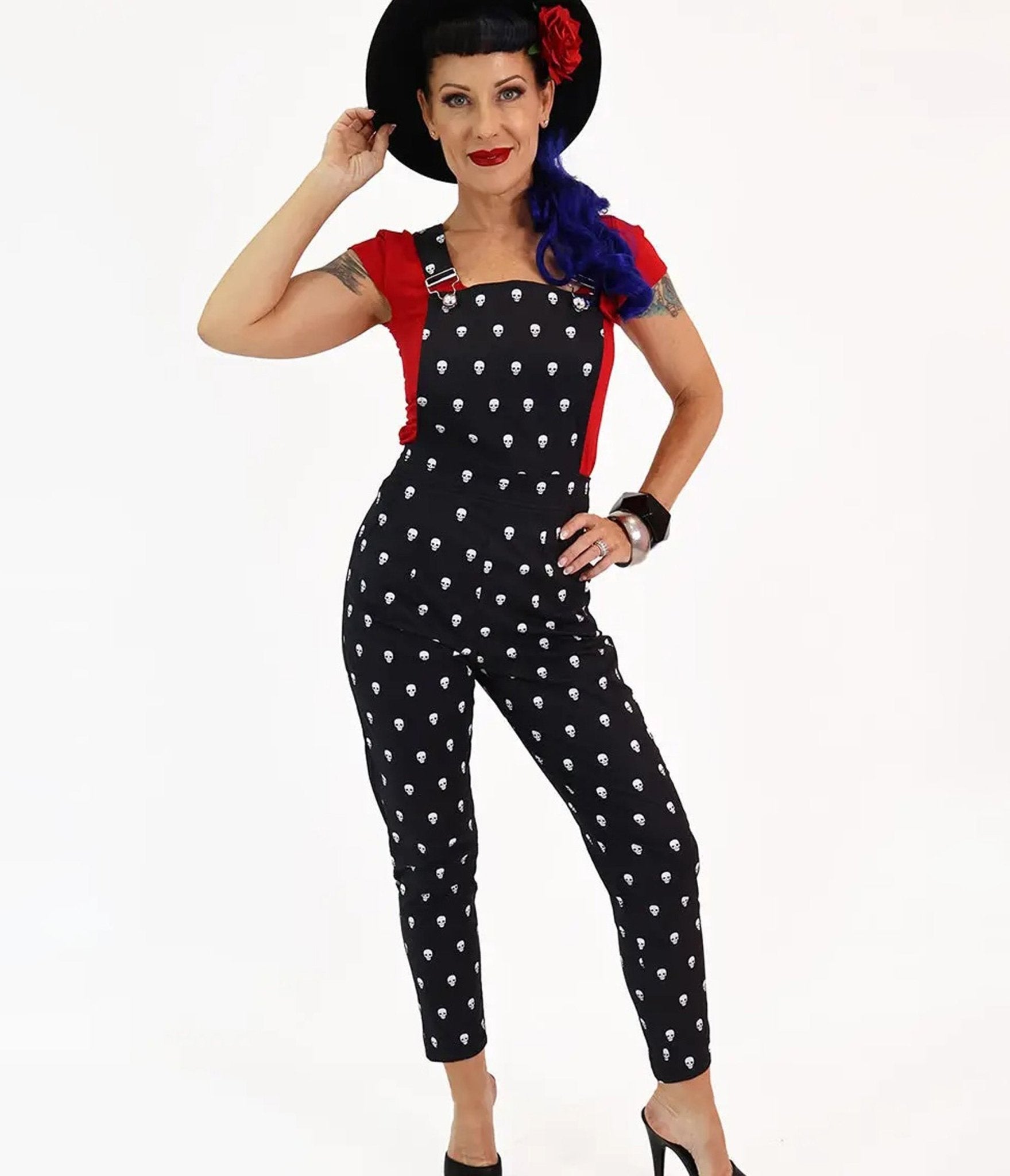 Bonsai Kitten Haunted Skull Print Black Overalls - Unique Vintage - Womens, BOTTOMS, ROMPERS AND JUMPSUITS