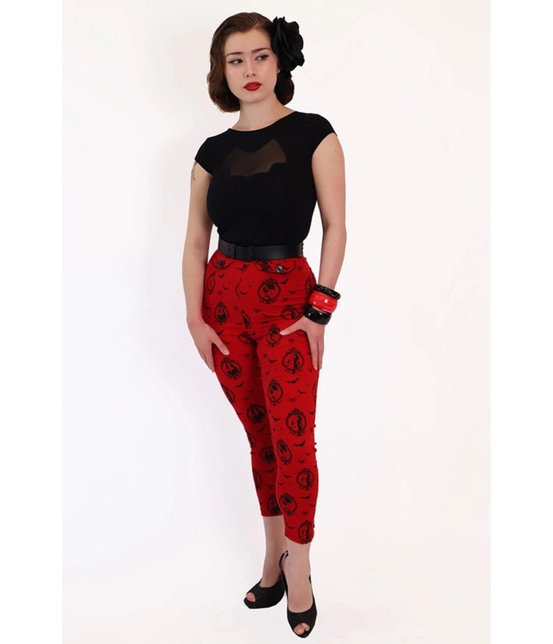 Bonsai Kitten Red Horror Queens Capri Pants - Unique Vintage - Womens, BOTTOMS, CAPRI