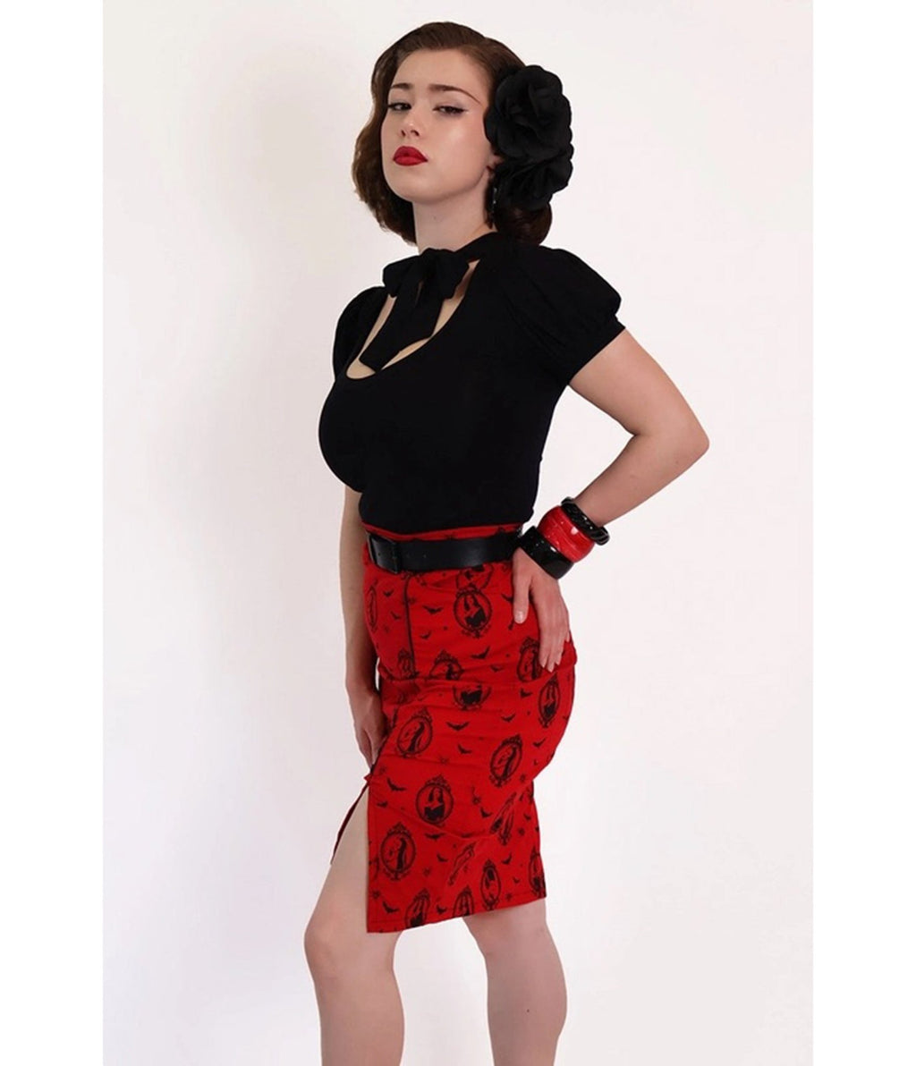Bonsai Kitten Red Horror Queens Pencil Skirt - Unique Vintage - Womens, BOTTOMS, SKIRTS