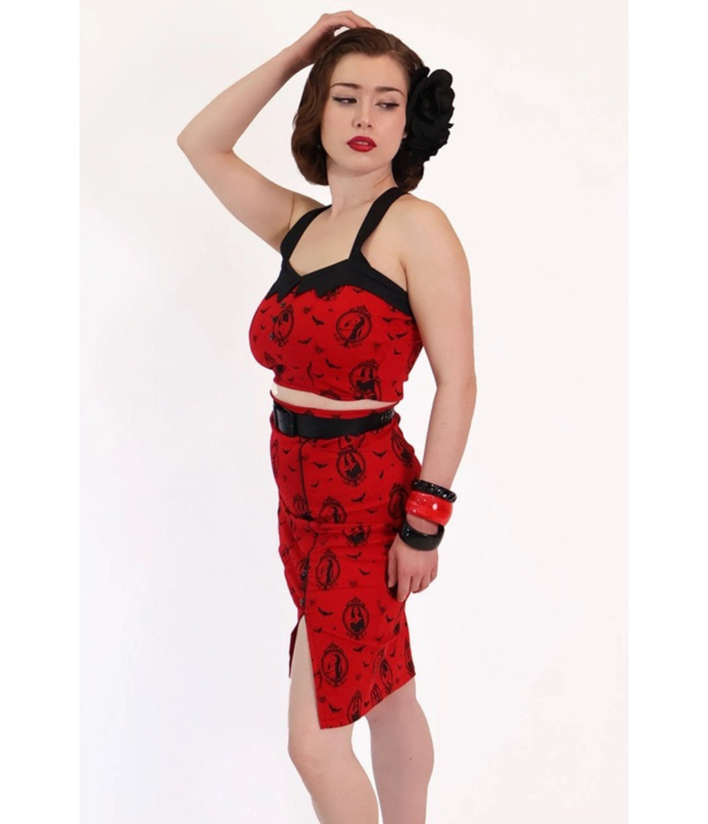 Bonsai Kitten Red Horror Queens Pencil Skirt - Unique Vintage - Womens, BOTTOMS, SKIRTS
