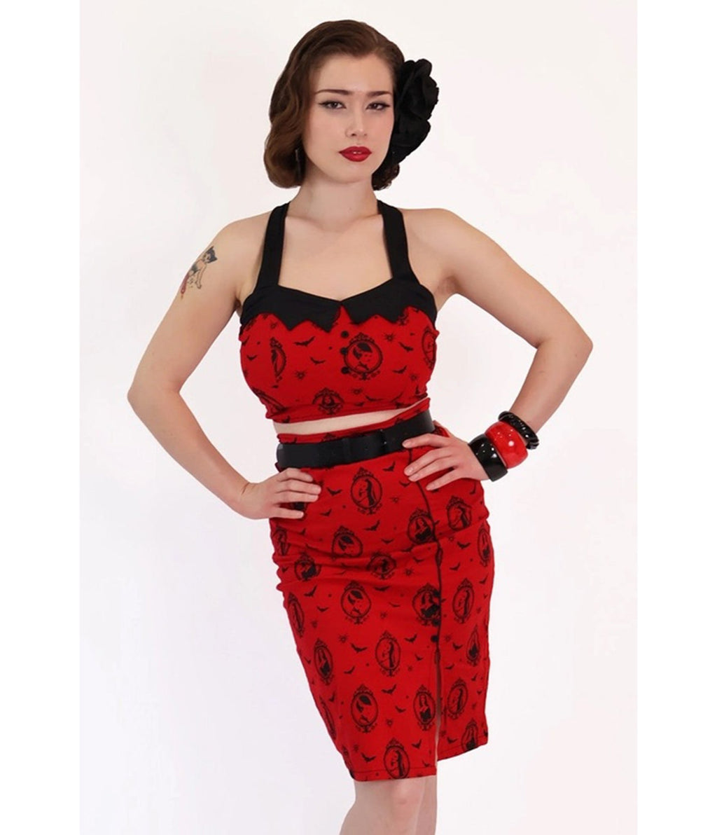Bonsai Kitten Red Horror Queens Pencil Skirt - Unique Vintage - Womens, BOTTOMS, SKIRTS