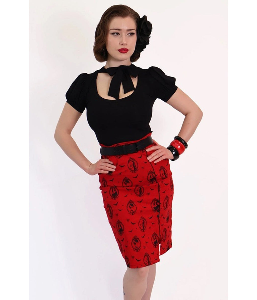 Bonsai Kitten Red Horror Queens Pencil Skirt - Unique Vintage - Womens, BOTTOMS, SKIRTS