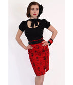 Bonsai Kitten Red Horror Queens Pencil Skirt - Unique Vintage - Womens, BOTTOMS, SKIRTS