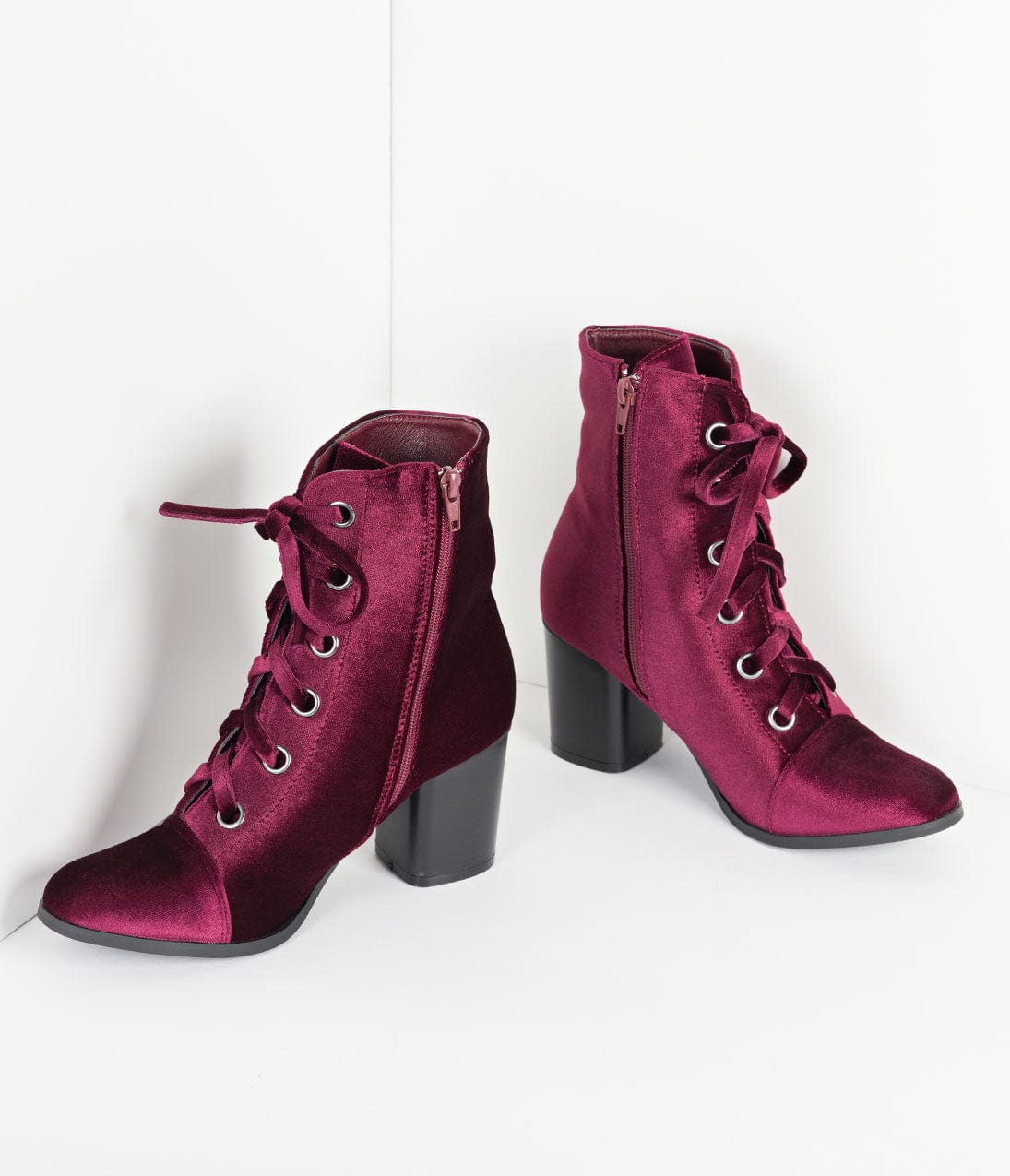 Bordeaux Purple Velvet Lace Up Bootie - Unique Vintage - Womens, SHOES, BOOTS