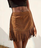 Brown Faux Suede Fringe Mini Skirt - Unique Vintage - Womens, BOTTOMS, SKIRTS