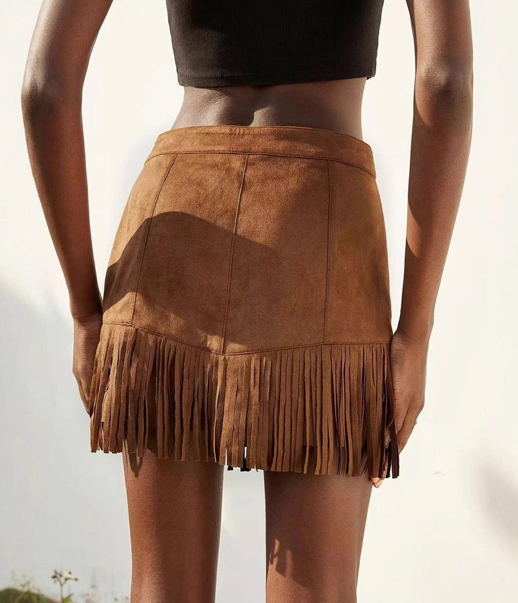 Brown Faux Suede Fringe Mini Skirt - Unique Vintage - Womens, BOTTOMS, SKIRTS