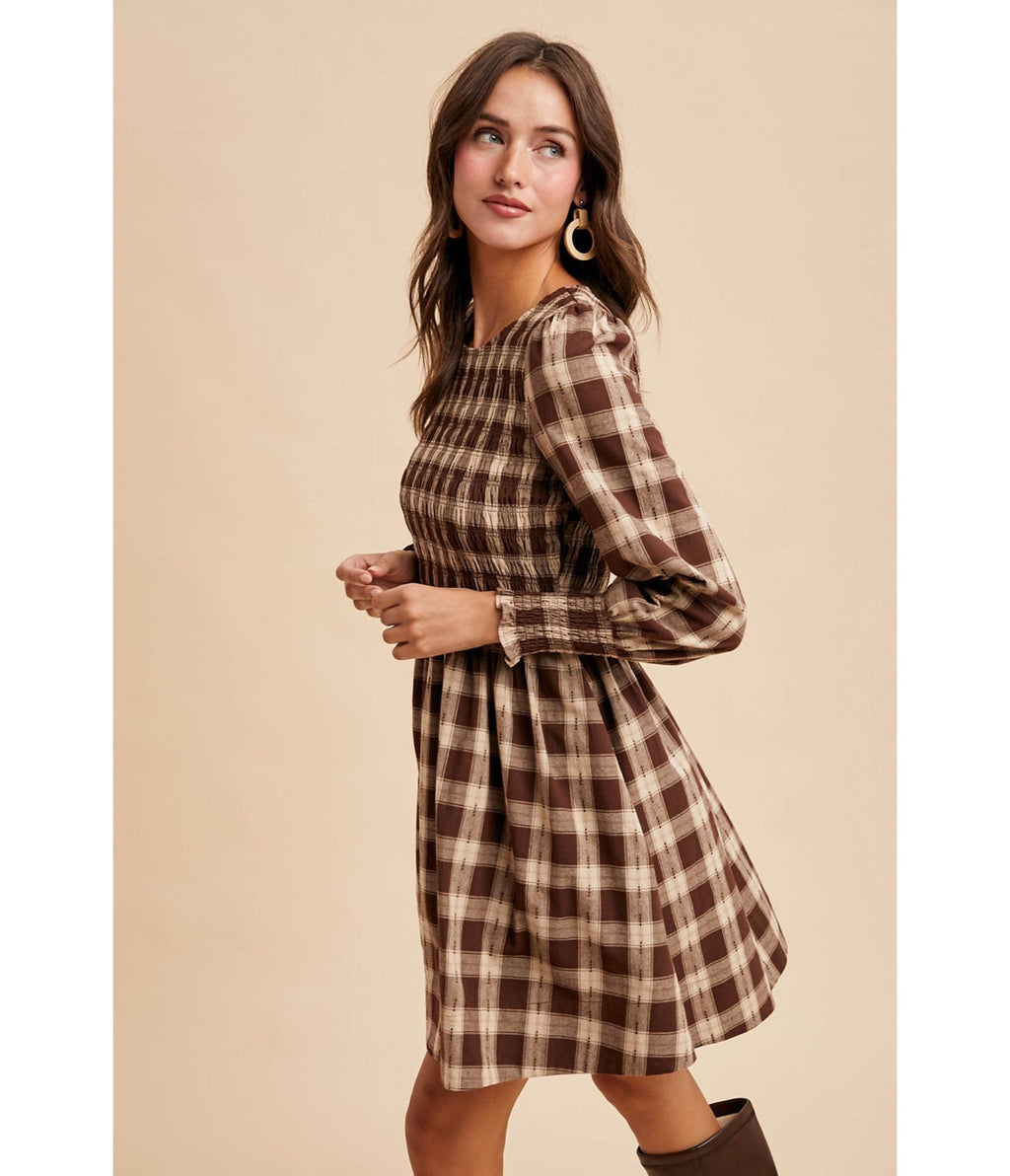 Brown Gingham Smocked Cotton Mini Dress - Unique Vintage - Womens, DRESSES, FIT AND FLARE