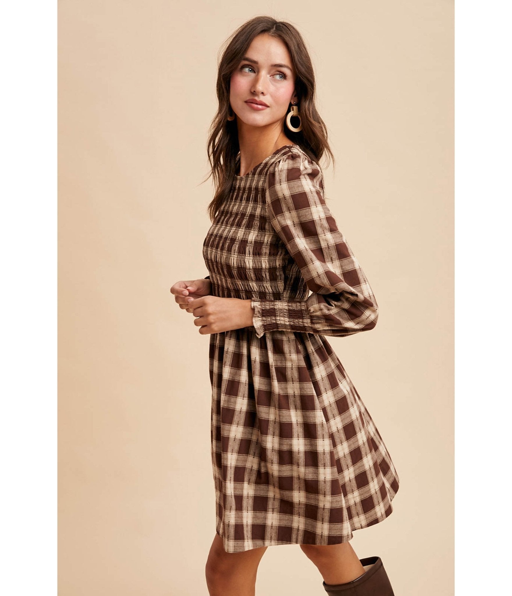 Brown Gingham Smocked Cotton Mini Dress - Unique Vintage - Womens, DRESSES, FIT AND FLARE