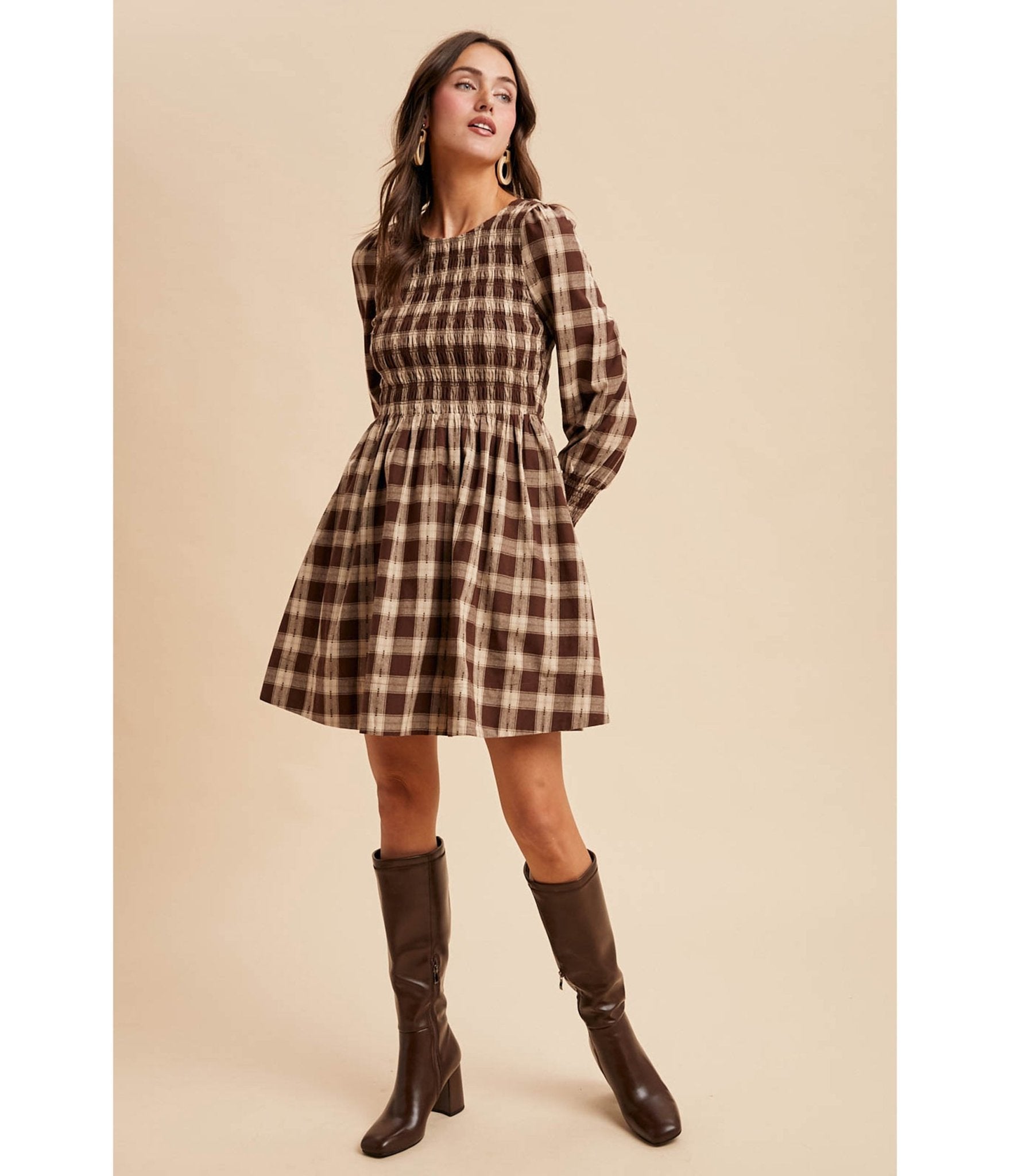 Brown Gingham Smocked Cotton Mini Dress - Unique Vintage - Womens, DRESSES, FIT AND FLARE