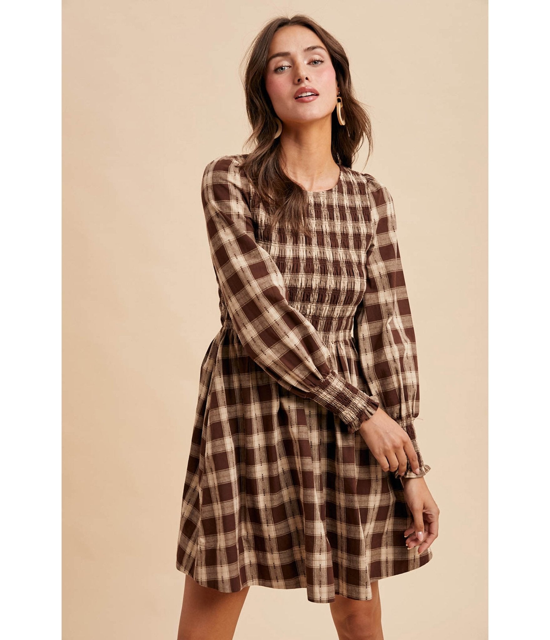 Brown Gingham Smocked Cotton Mini Dress - Unique Vintage - Womens, DRESSES, FIT AND FLARE