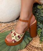Brown Leatherette Cherry Platforms - Unique Vintage - Womens
