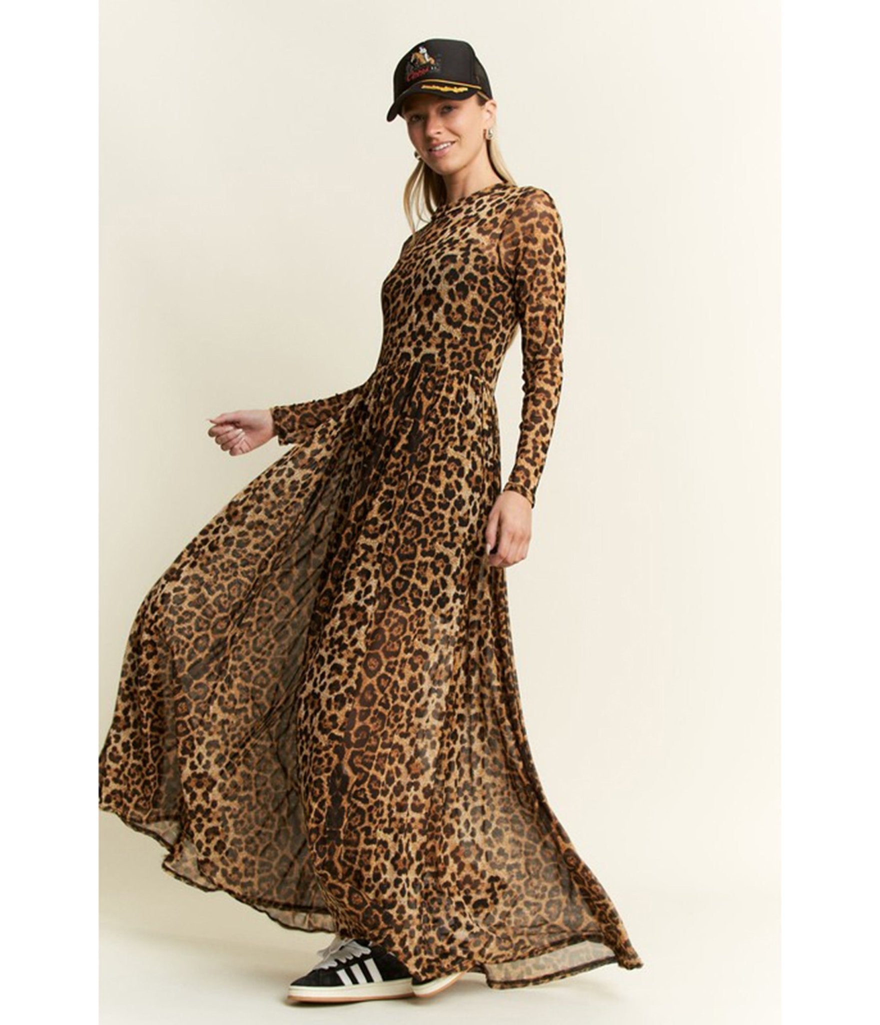 Brown Leopard Print Long Sleeve Maxi Dress - XLarge