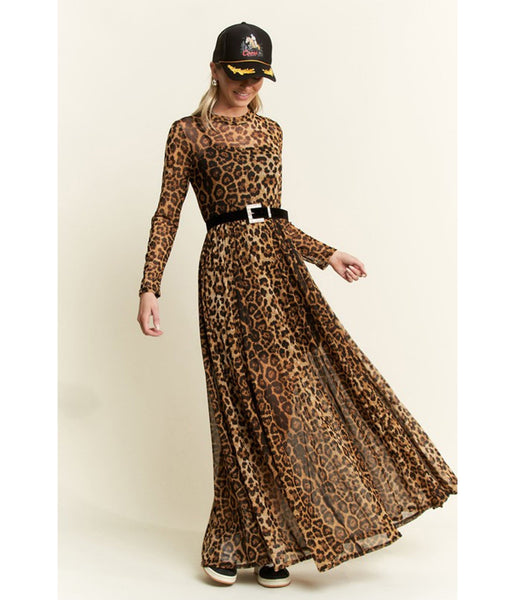 Brown Leopard Print Long Sleeve Maxi Dress - Medium