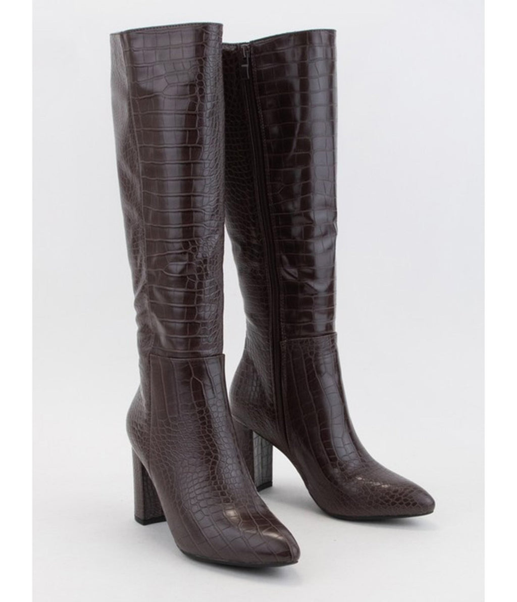 Brown Patent Leatherette Crocodile Knee High Boots - Unique Vintage - Womens, SHOES, BOOTS
