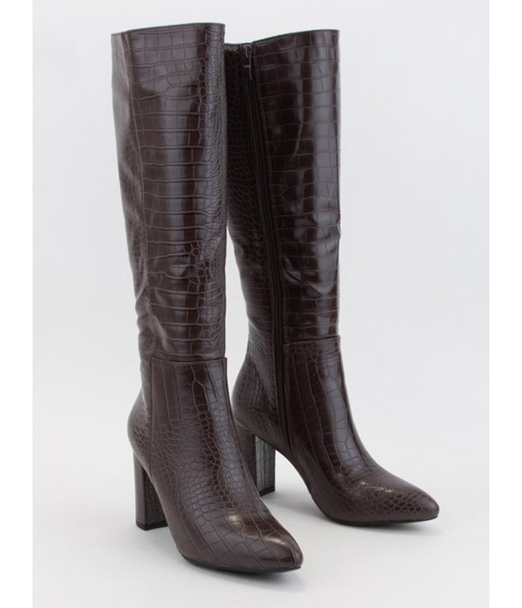 Brown Patent Leatherette Crocodile Knee High Boots - Unique Vintage - Womens, SHOES, BOOTS