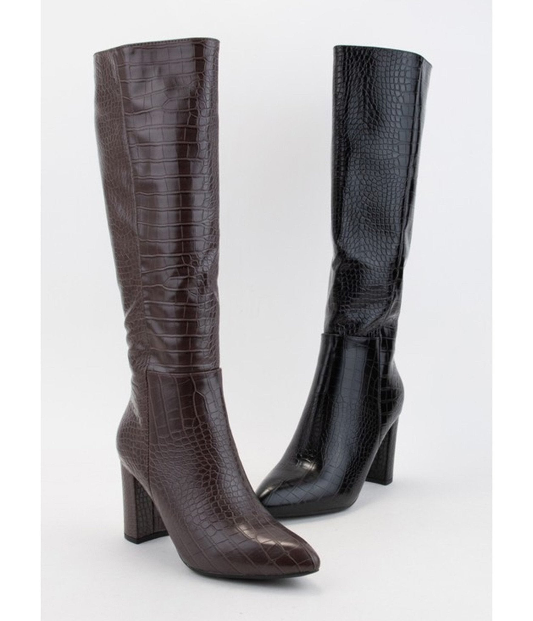 Brown Patent Leatherette Crocodile Knee High Boots - Unique Vintage - Womens, SHOES, BOOTS