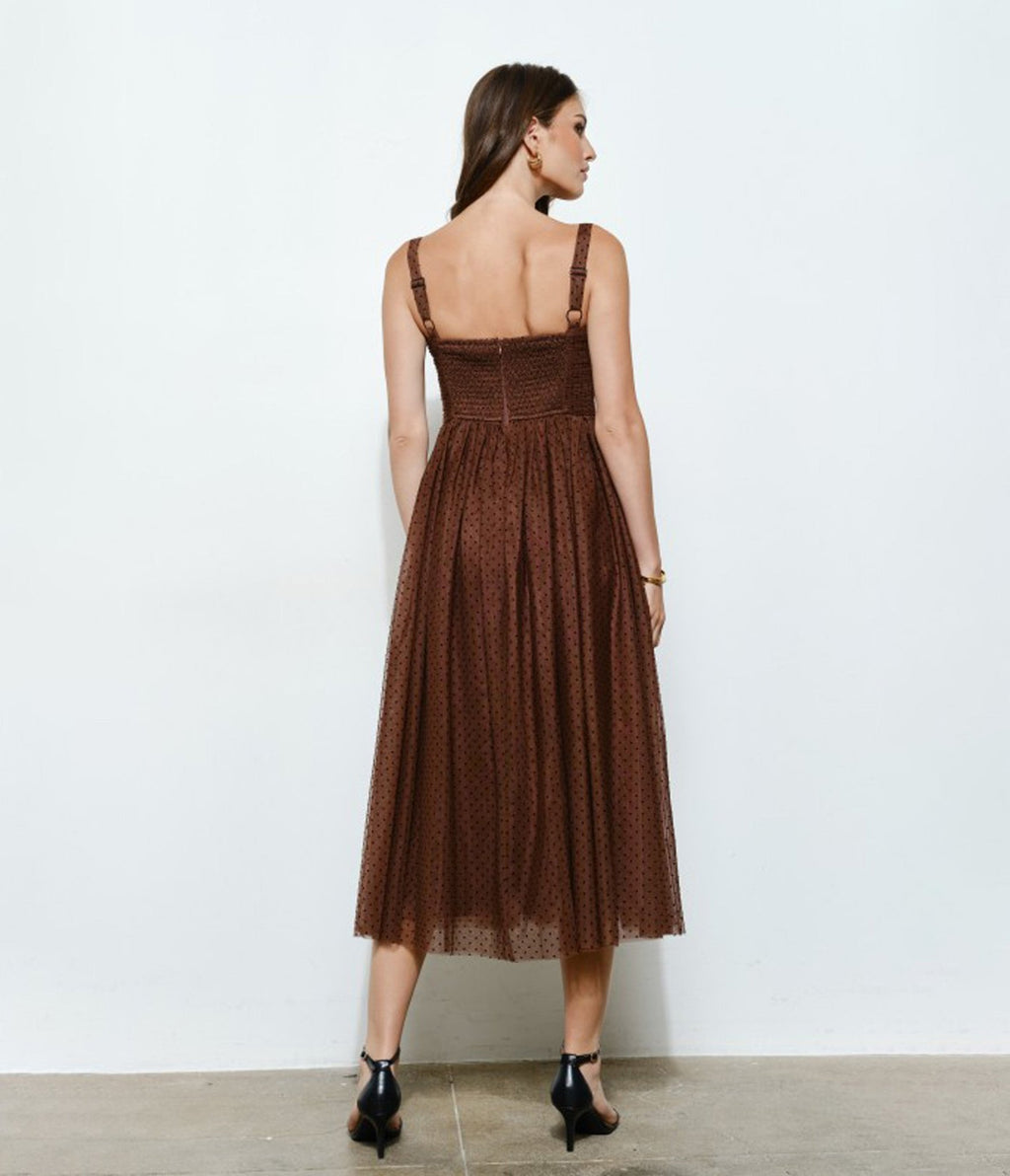 Brown Polka Dot Tulle Midi Dress - Unique Vintage - 