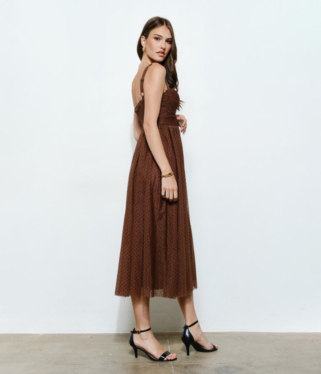 Brown Polka Dot Tulle Midi Dress - Unique Vintage - 