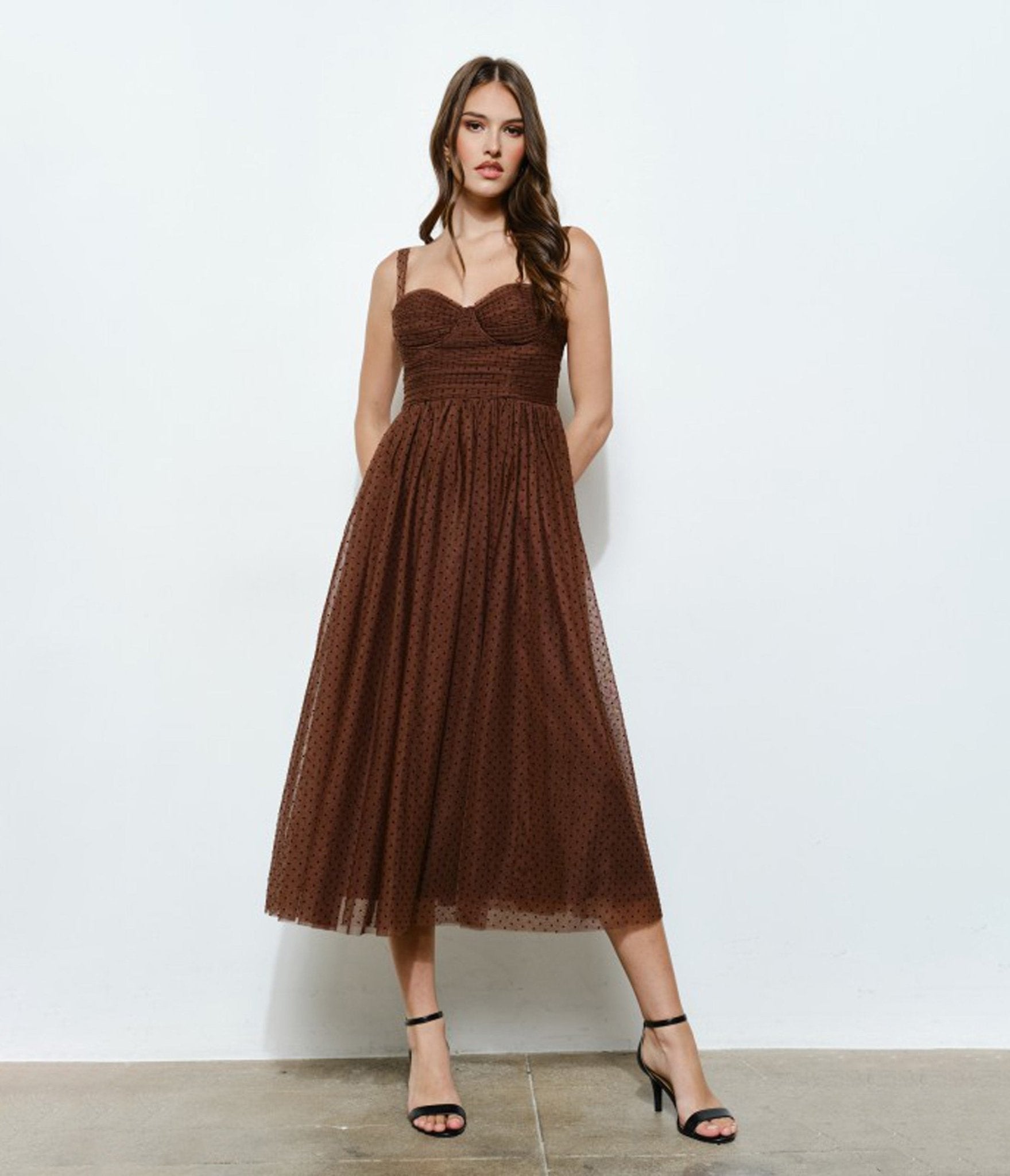 Brown Polka Dot Tulle Midi Dress - Unique Vintage - 