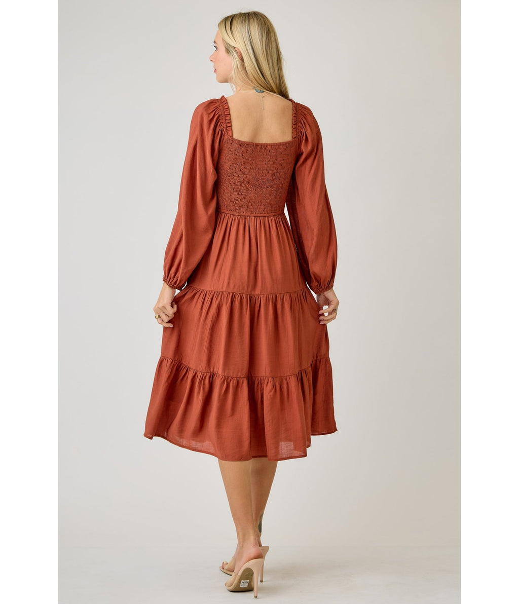 Brown Smocked Midi Dress - Unique Vintage - Womens, DRESSES, MIDI